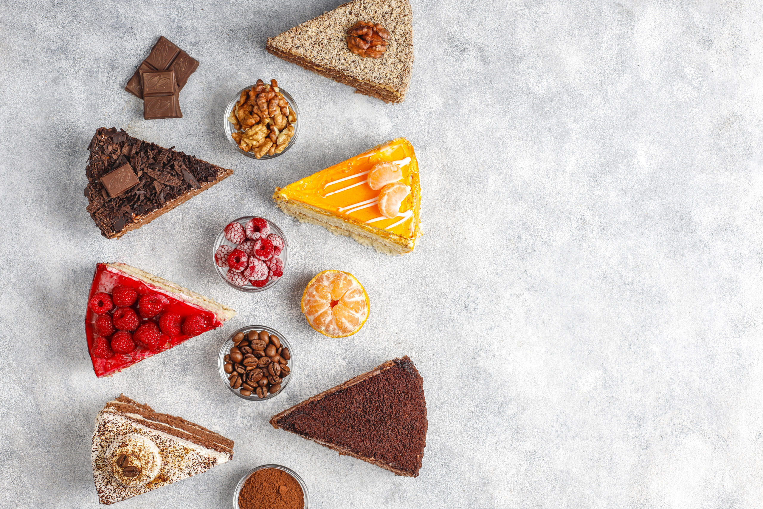 Assortment of pieces of cake.